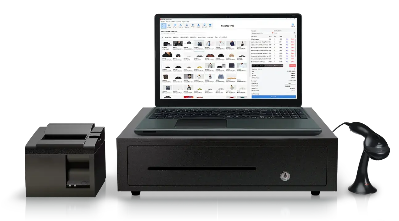 A complete point-of-sale bundle: laptop terminal on a cash drawer with receipt printer and barcode scanner, running billing software